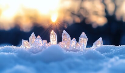 Ice crystals rising from fresh snow, reflecting warm sunrise light. Cold winter morning, natural phenomenon with copy space