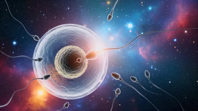 Fertilization Process Microscopic View Sperm Approaching Egg Cell Galaxy Background