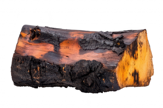 A close-up view of a charred log the intricate textures and colors of burnt wood. emphasizing the contrast between the blackened exterior and the inner wood. suitable for natural decor or artistic des