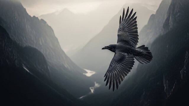 Raven Soaring Above Misty Mountain Valley - A Majestic Wildlife Scene.