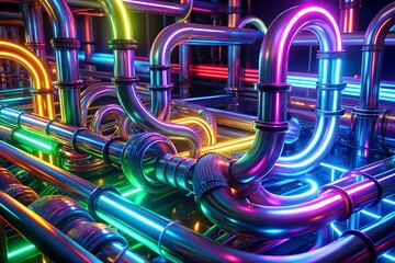 Neon Pipes with Vibrant Colors and Reflections Illuminating Industrial Design An Abstract Arrangement of Tubes with Luminous Glow for Modern Decoration or Energetic Visuals