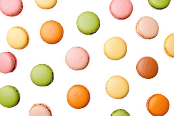 A assortment of colorful macarons arranged neatly on a white background. various flavors and hues. ideal for dessert photography and culinary presentations