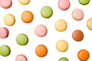 A assortment of colorful macarons arranged neatly on a white background. various flavors and hues. ideal for dessert photography and culinary presentations