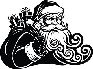 Intense santa claus illustration with gift bag in black and white