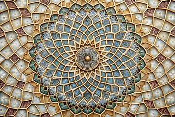 Exquisite islamic art featuring intricate geometric patterns and floral motifs adorning surface creating beautiful symmetrical design conveying cultural richness and artistic expression