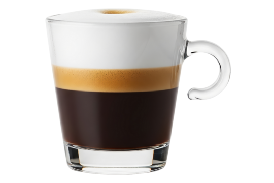 Glass cup of cappuccino with layers of coffee and milk foam isolated on a transparent background