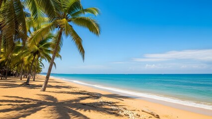 Tropical beach paradise with palm trees and turquoise ocean on a sunny day