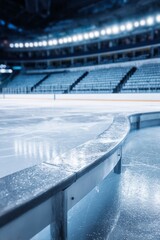 bleachers. Empty ice rink with cool blue tones and blurred stadium seating, atmospheric and serene. event key visuals, club posters, designed for sports event promotions and stadium branding.
