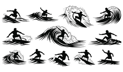 Surfer silhouettes riding ocean waves, dynamic action vector collection on white. Vector
