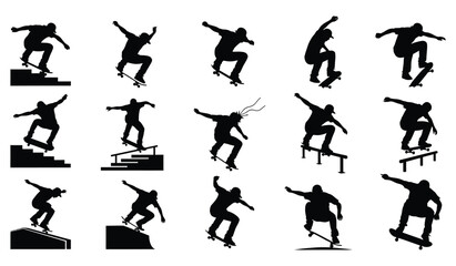 Dynamic collection of skateboarder silhouettes performing various street tricks and stunts Vector