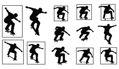 Dynamic skateboarder silhouettes in various action poses and stunts on white background Vector