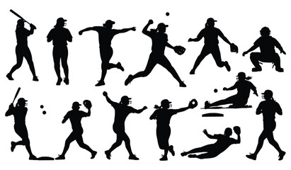 Silhouettes of female softball players in action poses, isolated on white background Vector