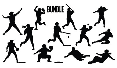 Softball player action poses bundle silhouette set for sports and recreation projects Vector