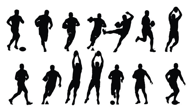 Rugby player silhouettes in dynamic poses, showcasing various game actions and movements Vector