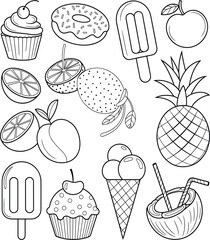 Set of Food Treats Line Art Illustrations, Dessert Fruit and Ice Cream Doodle Collection, Monochrome Summer Snack Coloring Vector Graphic