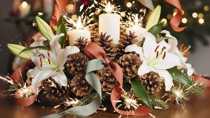 Muted terracotta and sage ribbons weave around pine cones and white lilies to form a serene holiday centerpiece, editorial still perfect for luxe promotions