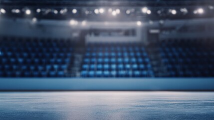 bleachers. Empty ice rink with cool blue tones and blurred stadium seating, atmospheric and serene. event key visuals, club posters, designed for sports event promotions and stadium branding.
