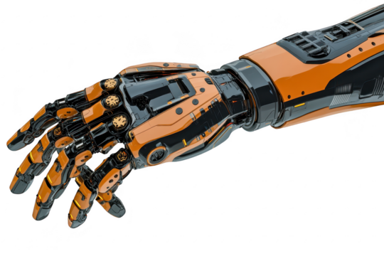 A close-up view of a futuristic robotic hand with intricate mechanical details and an orange and black color scheme. advanced technology and design in a clean. white background