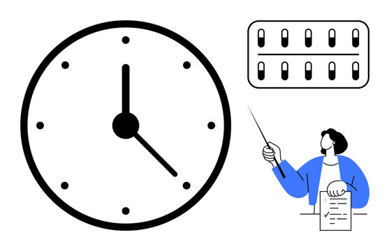 Large clock showing time, person holding a list and pointer, student attendance tracker. Ideal for education, time management, scheduling, punctuality, classroom organization, planning learning