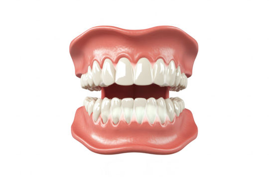 A realistic 3D model of an open human mouth detailed teeth and gums. set against a plain white background. ideal for dental education and anatomy studies