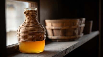 demijohn. Glass demijohn with wicker wrapping on wooden shelf, containing amber liquid in natural light. bar promotions, beverage menus, designed for food & beverage menus and cafe branding.
