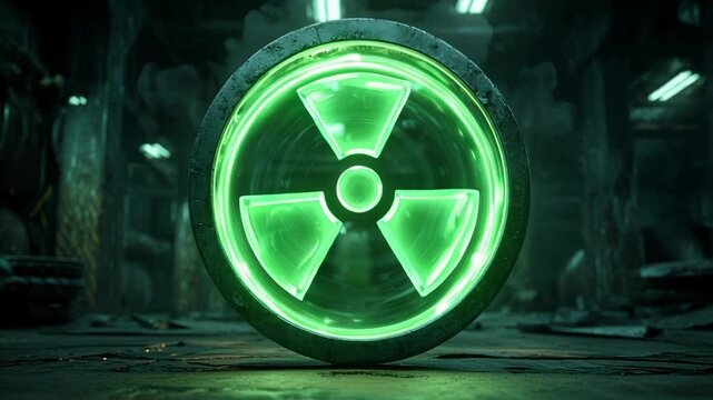 Glowing green radioactive symbol in dark industrial setting