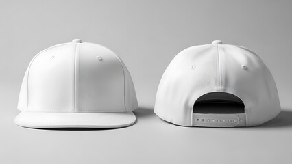Front and back view of a blank white baseball cap, perfect for design mockups and branding.
