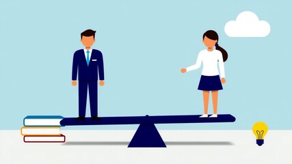 Businessman and woman balanced unevenly on seesaw symbolizing inequality
