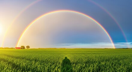 Naklejka premium Vibrant double rainbow arching over a lush green field at sunset or sunrise, with a small farm building visible in the distance under dramatic sky