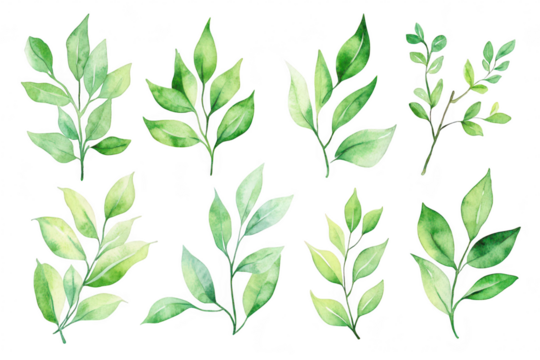 A collection of beautifully illustrated watercolor leaves various shades of green. arranged artistically on a white background. ideal for nature-themed designs or botanical projects