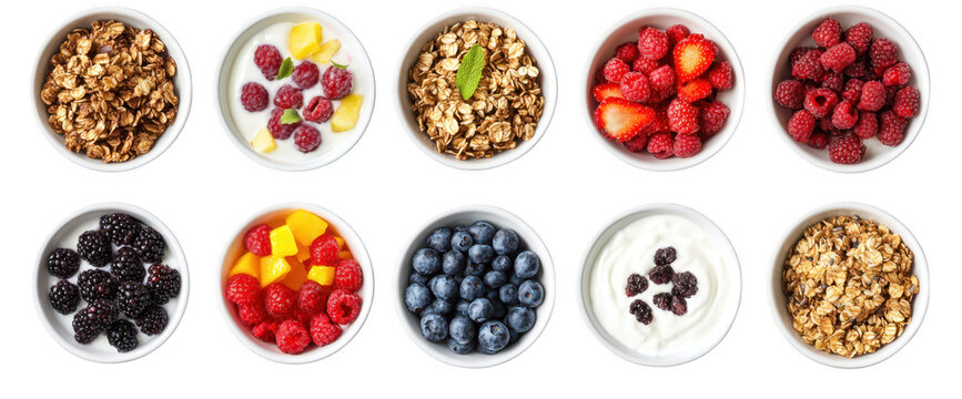 A assortment of fresh berries. granola. and yogurt arranged in small bowls. a healthy breakfast spread on a clean white background. ideal for wellness and food-related content