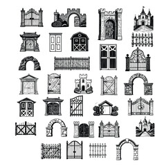 Fototapeta premium Vintage engraving illustration set of diverse architectural entrances, including medieval castle gates, ornate wrought iron gates, rustic wooden fences, and stone arches