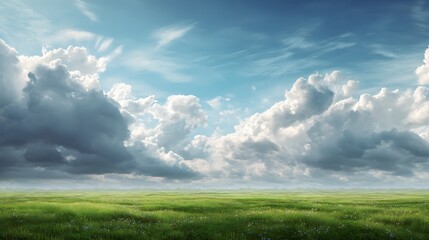 Scenic Green Field with Blue Sky and Dramatic Clouds A Peaceful Landscape