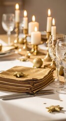 Elegant Christmas and New Year table setting with gold napkins, cutlery, and candles for festive holiday dinner celebration.