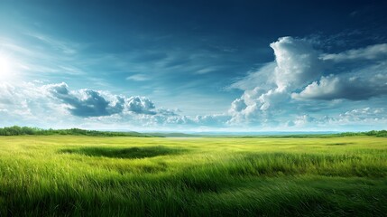 Vast Green Meadow Under a Blue Sky with Puffy White Clouds and Distant Mountains