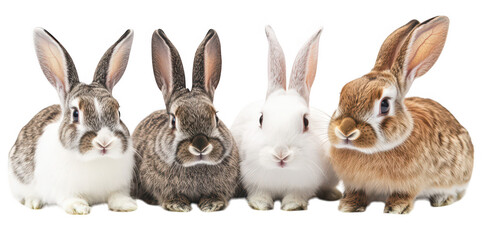 A group of four adorable rabbits of different colors and fur patterns sitting closely together against a clean white background. their unique features and expressions. ideal for pet-related content