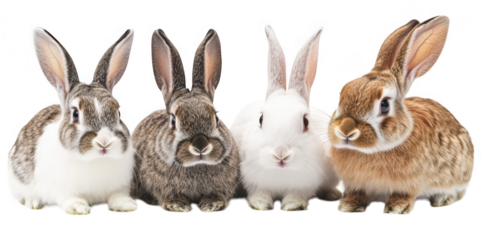 A group of four adorable rabbits of different colors and fur patterns sitting closely together against a clean white background. their unique features and expressions. ideal for pet-related content