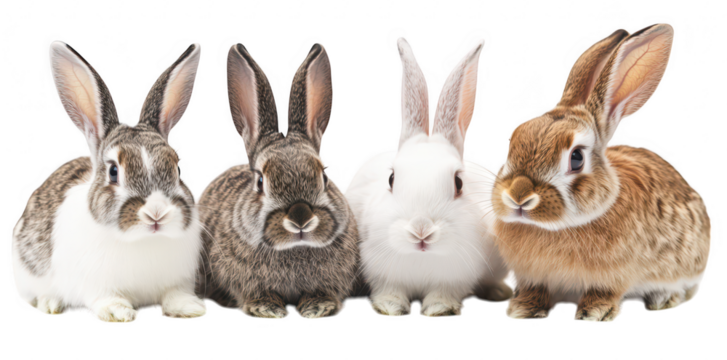 A group of four adorable rabbits of different colors and fur patterns sitting closely together against a clean white background. their unique features and expressions. ideal for pet-related content