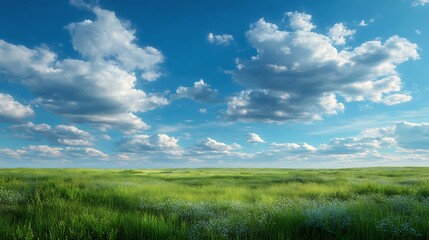 Bucolic landscape of a vast green grass field stretching to the horizon under a beautiful blue sky with fluffy white cumulus clouds