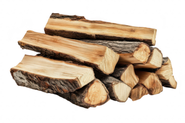 A neatly stacked pile of firewood logs their natural textures and colors. set against a plain white background. ideal for use in home decor or outdoor activities