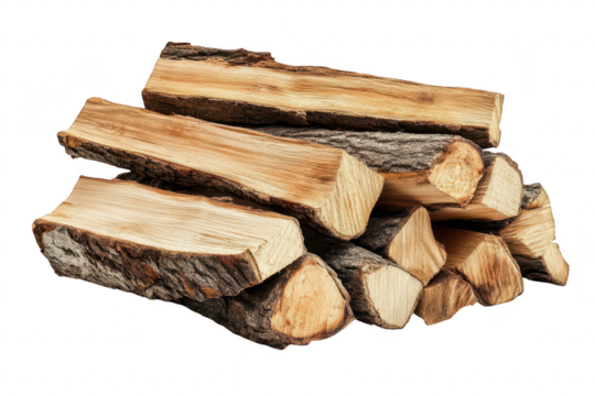 A neatly stacked pile of firewood logs their natural textures and colors. set against a plain white background. ideal for use in home decor or outdoor activities