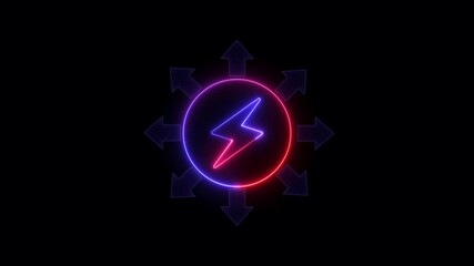 Neon glowing power and arrow icon animation on black background.