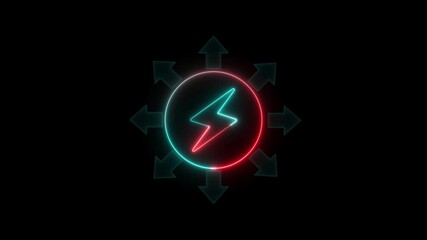 Neon glowing power and arrow icon animation on black background.