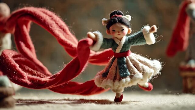 Miniature doll with red fabric flowing against a blurred background