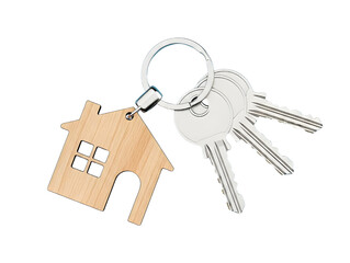 New home concept with house shape wooden keychain and silver keys on keyring. isolated PNG with Transparent Background