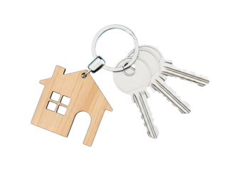 New home concept with house shape wooden keychain and silver keys on keyring. isolated PNG with Transparent Background