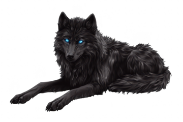A majestic black wolf with striking blue eyes lies gracefully on a white background. its sleek fur and alert demeanor. perfect for wildlife-themed projects and illustrations