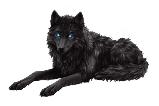 A majestic black wolf with striking blue eyes lies gracefully on a white background. its sleek fur and alert demeanor. perfect for wildlife-themed projects and illustrations