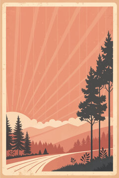 Stunning vintage travel poster art of majestic pine trees and mountains, perfect for retro tourism ads, outdoor adventure promotions, and scenic landscape designs