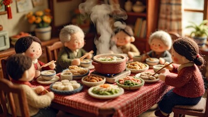 Family meal gathering around a table with diverse food steam rising indoors